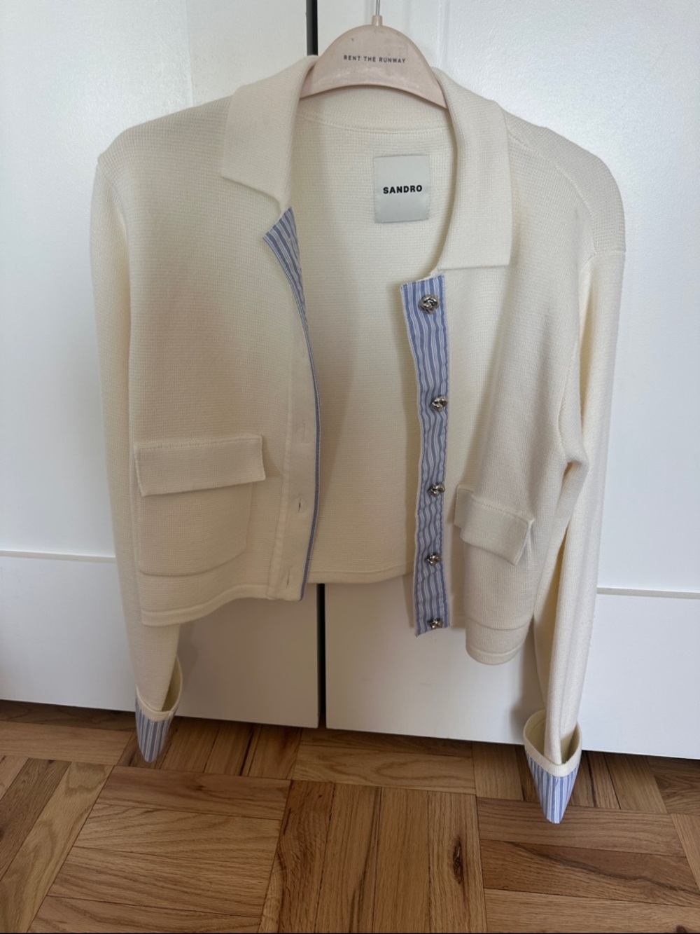 Sandro Cream Knit Cardigan with Blue Pinstripe Trim